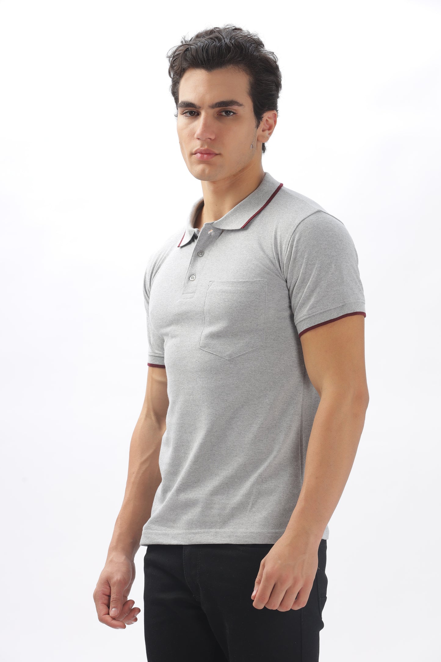 Grey Plain Collar T-Shirt – Pique Fabric (65% Cotton, 35% Polyester), 220 GSM.