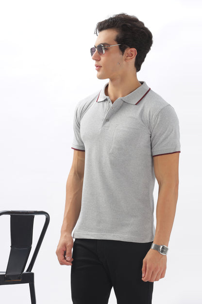 Grey Plain Collar T-Shirt – Pique Fabric (65% Cotton, 35% Polyester), 220 GSM.