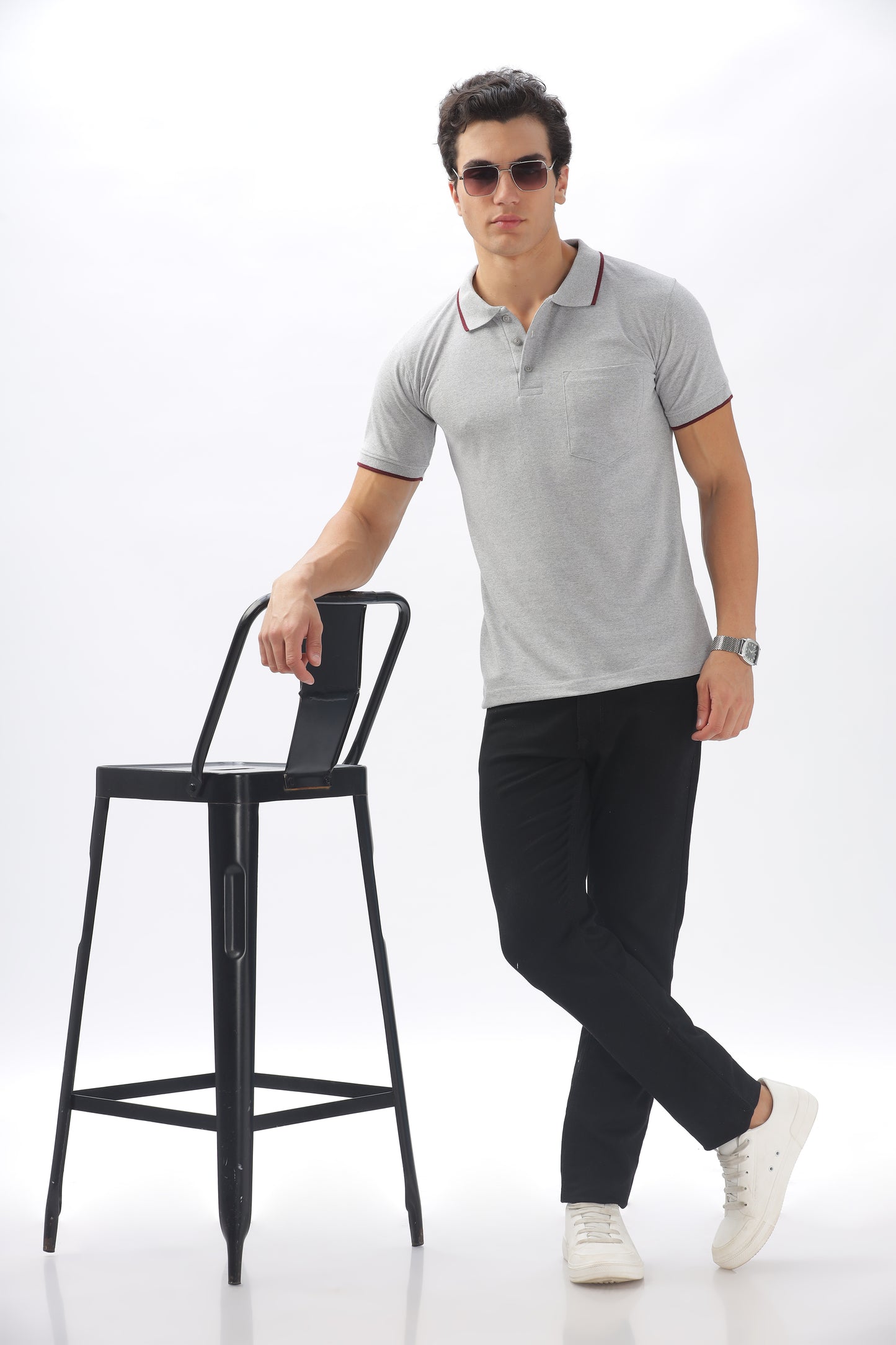 Grey Plain Collar T-Shirt – Pique Fabric (65% Cotton, 35% Polyester), 220 GSM.