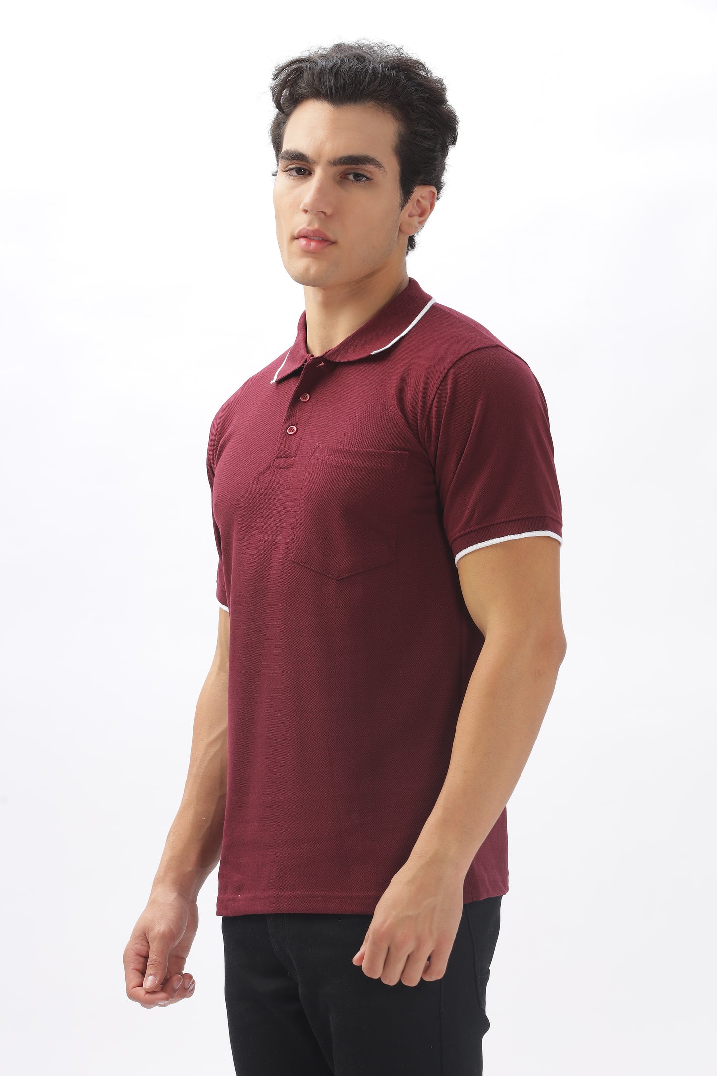 Maroon Plain Collar T-Shirt – Pique Fabric (65% Cotton, 35% Polyester), 220 GSM.