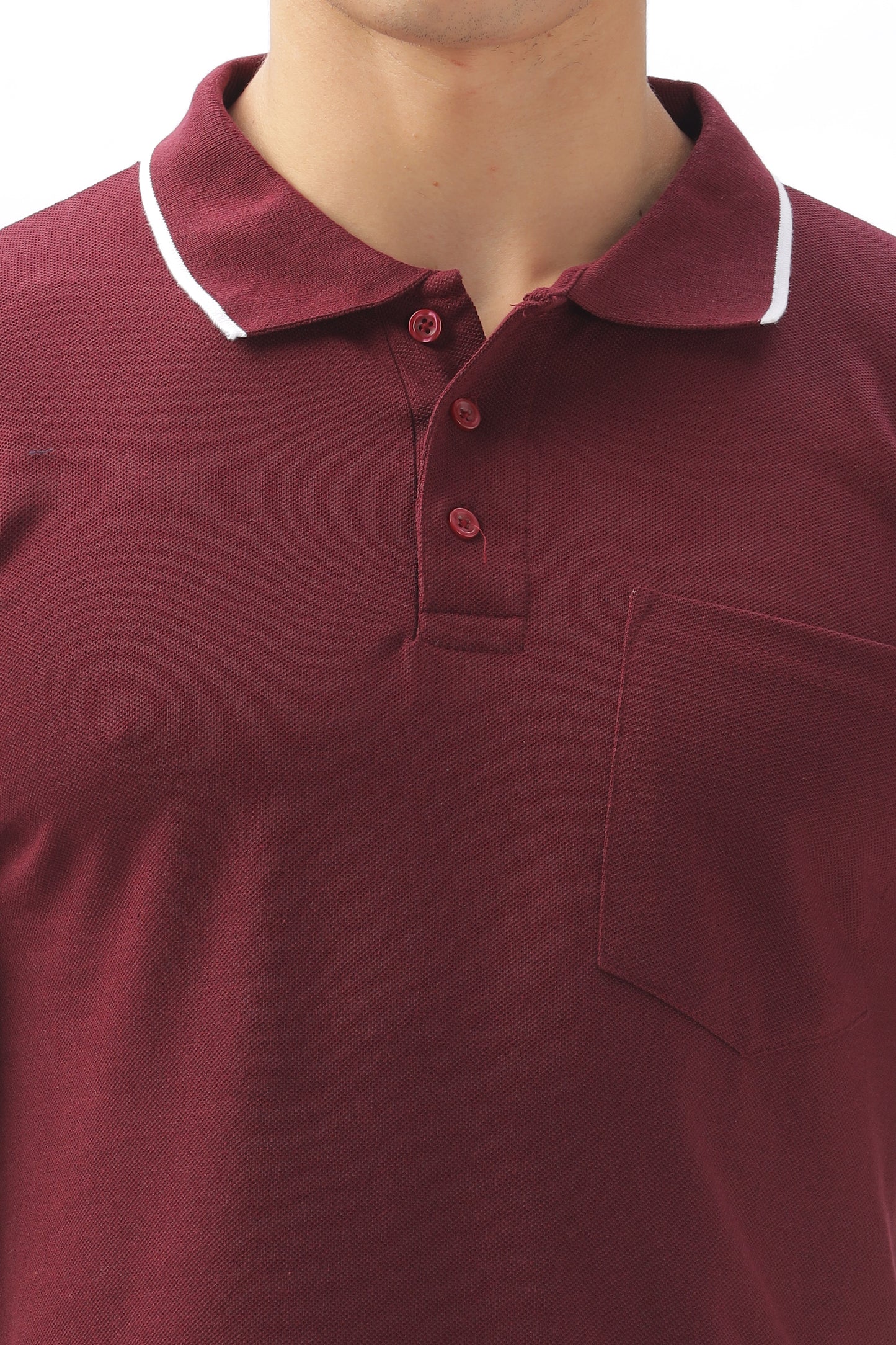 Maroon Plain Collar T-Shirt – Pique Fabric (65% Cotton, 35% Polyester), 220 GSM.