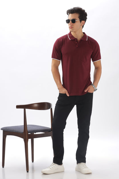 Maroon Plain Collar T-Shirt – Pique Fabric (65% Cotton, 35% Polyester), 220 GSM.