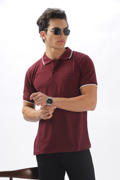 Maroon Plain Collar T-Shirt – Pique Fabric (65% Cotton, 35% Polyester), 220 GSM.